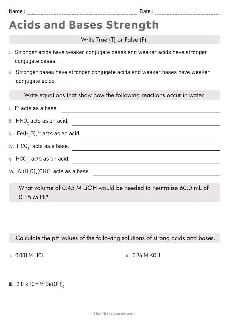 Free Printable Acids and Bases Worksheets
