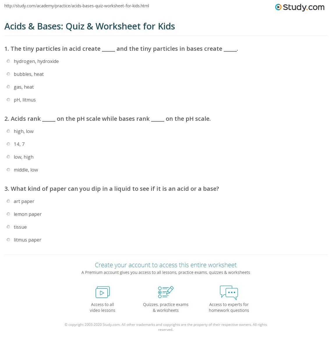 Acids &  Bases: Quiz &  Worksheet for Kids | Study.com