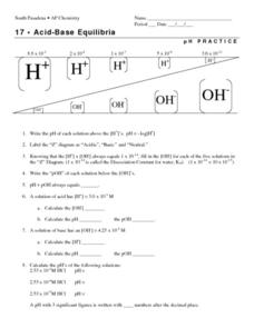 Acid-Base Equilibria: pH Practice Worksheet for 11th - 12th Grade ...