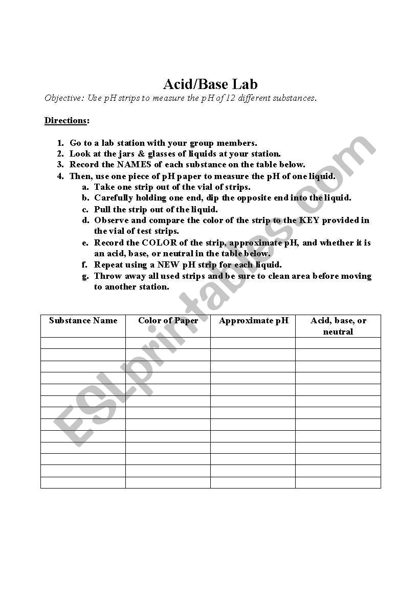 English worksheets: acid/base lab