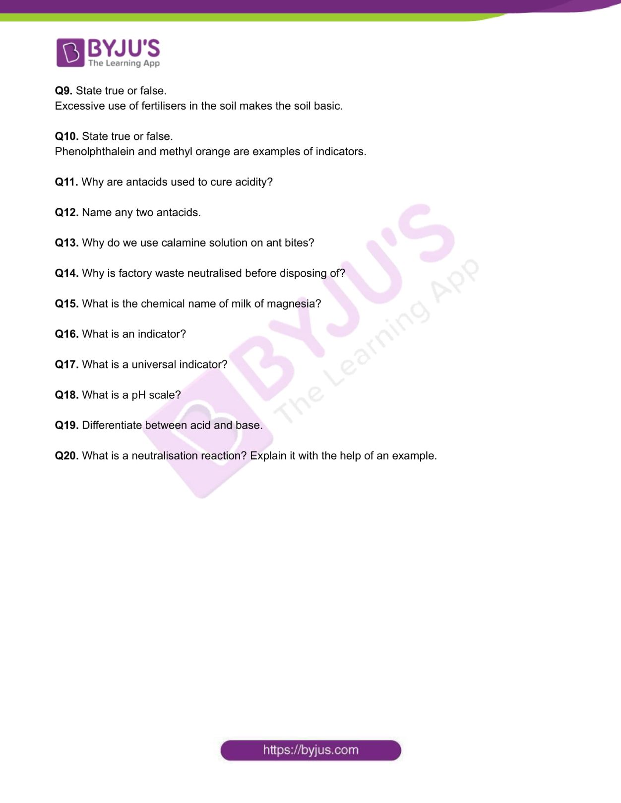 Class 7 Chemistry Worksheet on Chapter 5 Acids, Bases and Salts ...