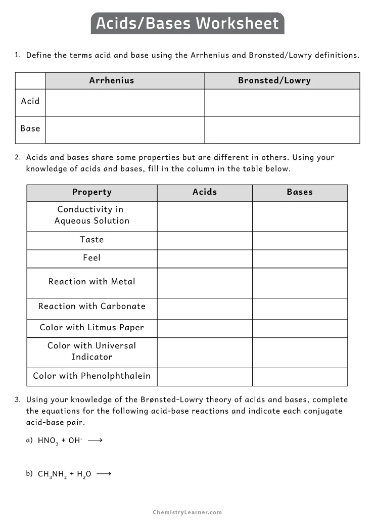 acids and bases worksheet for elementary