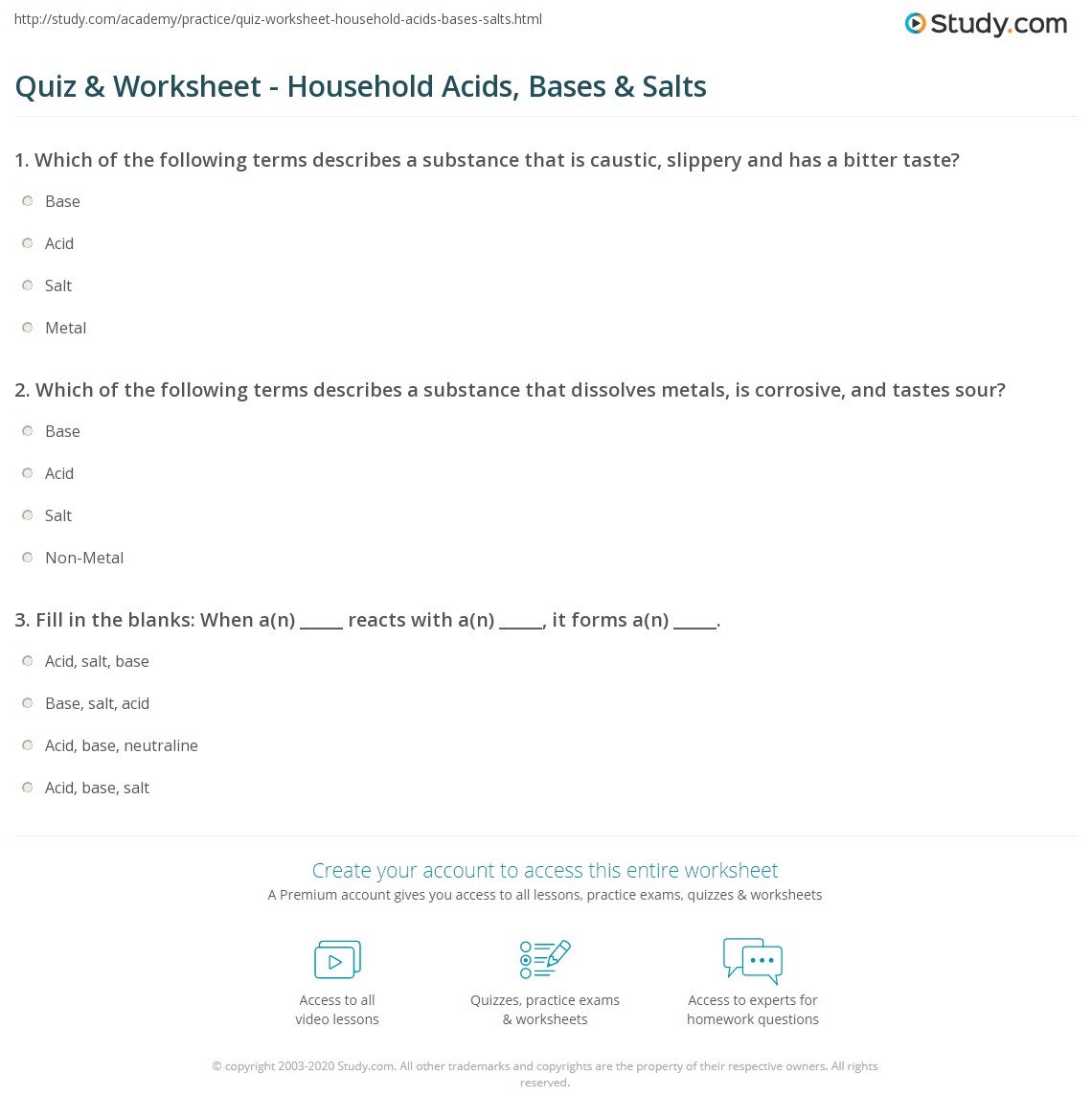 Quiz &  Worksheet - Household Acids, Bases &  Salts | Study.com