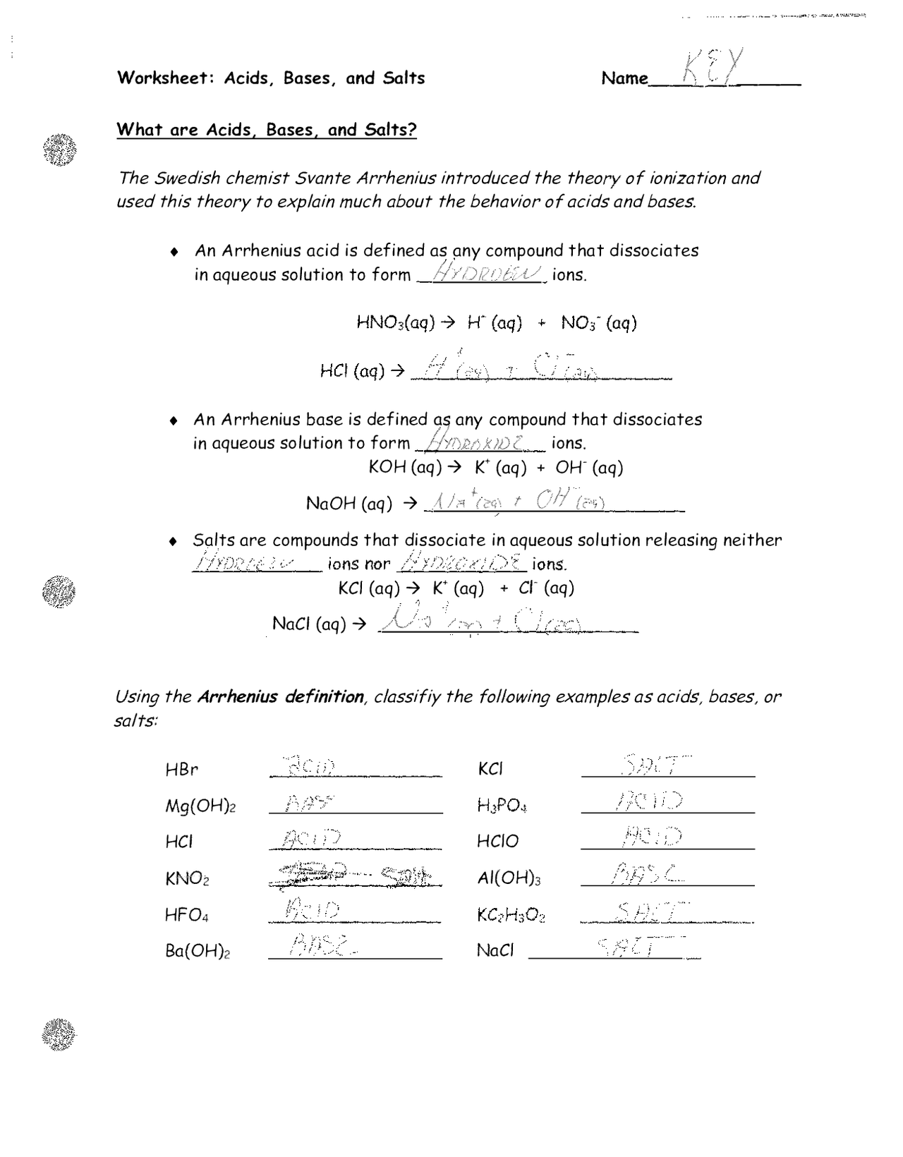 Solved Worksheet Acids, Bases and Salts Exercises Chemistry