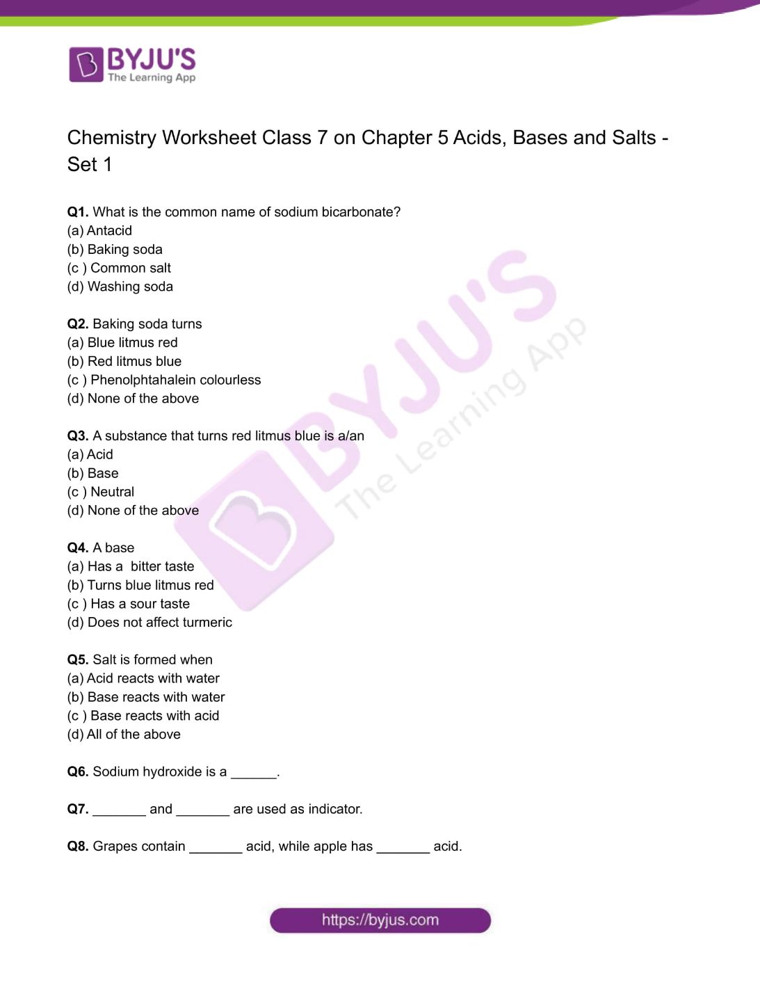 Class 7 Chemistry Worksheet on Chapter 5 Acids, Bases and Salts ...