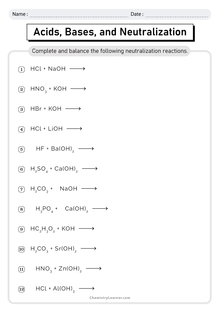 Free Printable Acids and Bases Worksheets