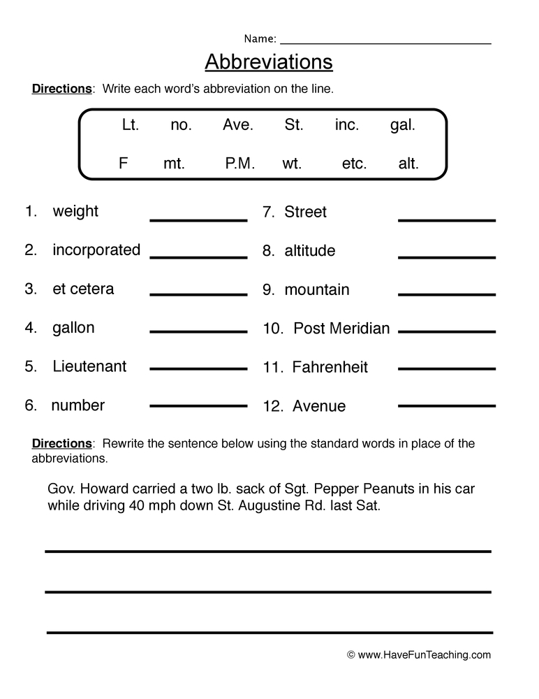 Abbreviations Fill in the Blank Worksheet  