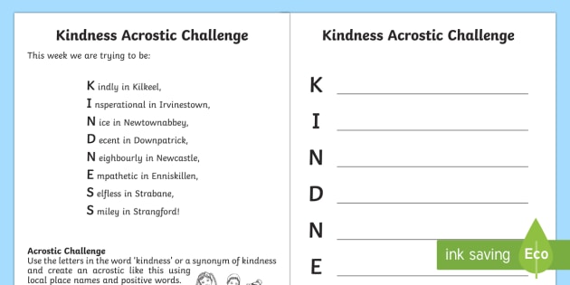 Kindness Acrostic Poem Worksheet - English Resource - Twinkl