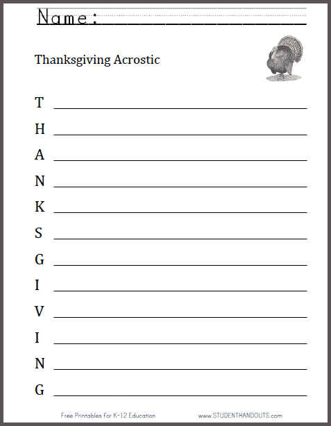 Thanksgiving Acrostic Poem Worksheet