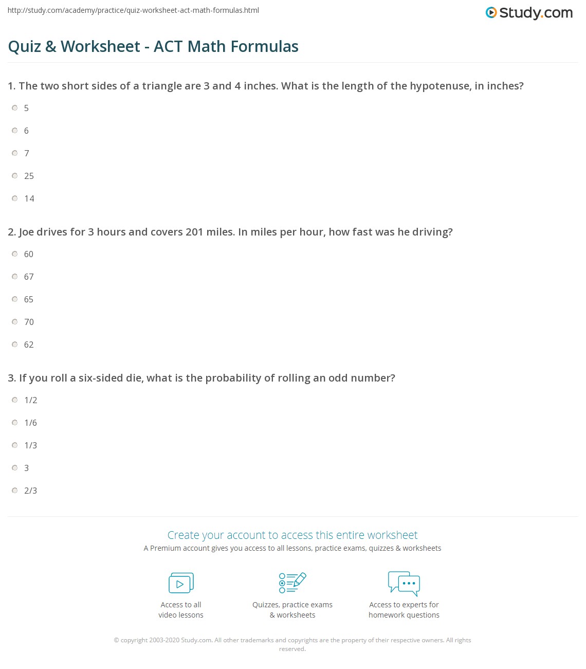 Quiz &  Worksheet - ACT Math Formulas | Study.com