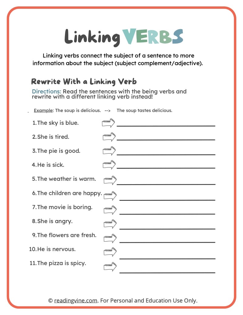Linking verbs worksheets K5 Learning Worksheets Library