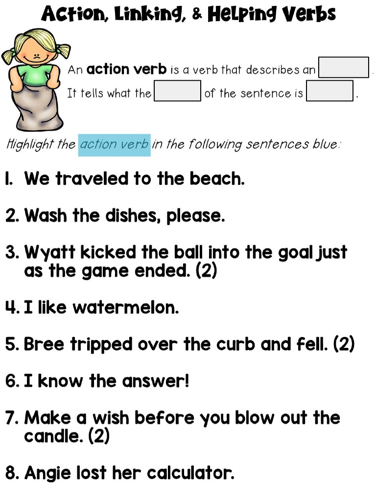 Verbs Action, Linking and Helping Verbs Worksheets Library