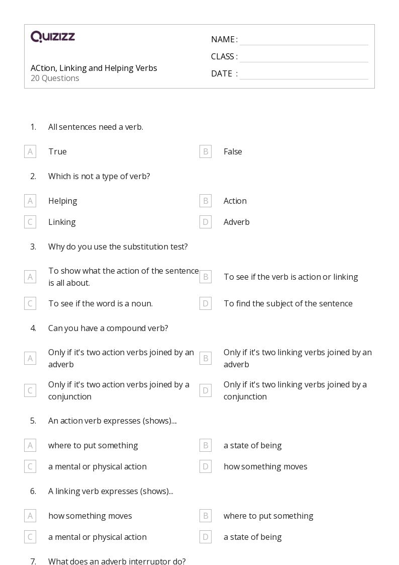 action linking and helping verbs worksheet