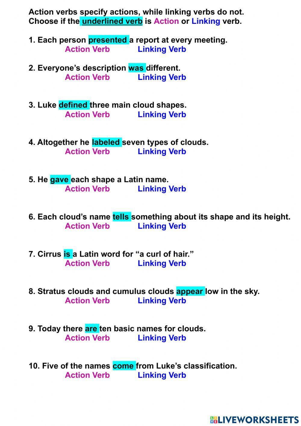 Action and Linking verb activity Live Worksheets Worksheets Library