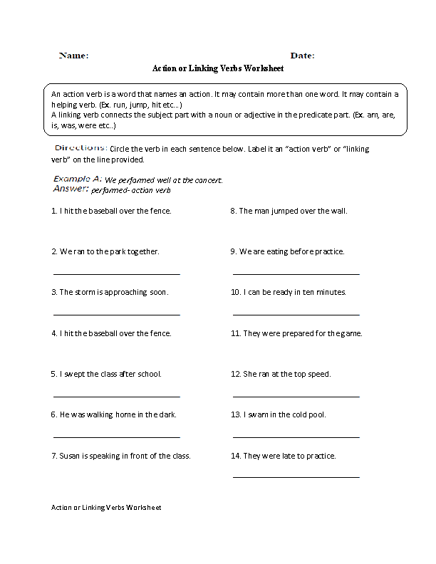 action linking verbs worksheet