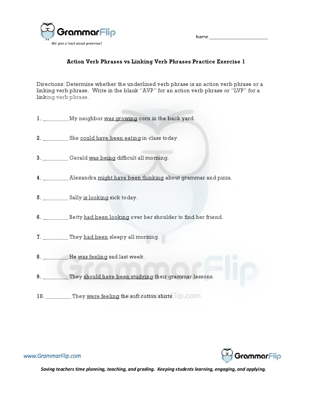 Action Verb Phrases vs. Linking Verb Phrases - Free Worksheet ...