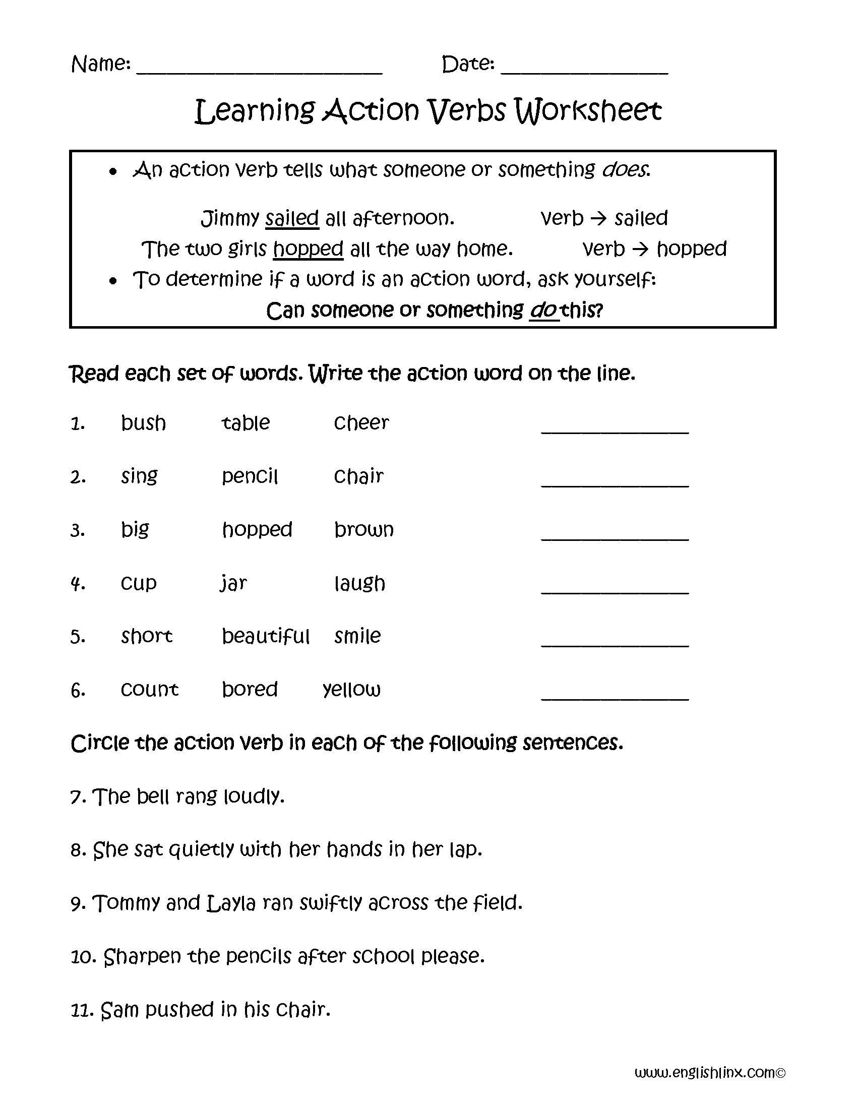 Action Verbs Worksheets | Learning Action Verbs Worksheets