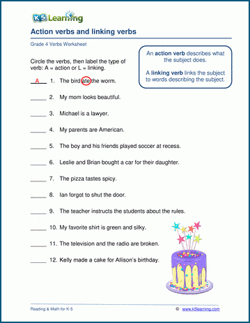 Action &  linking verbs worksheets | Worsheets library
