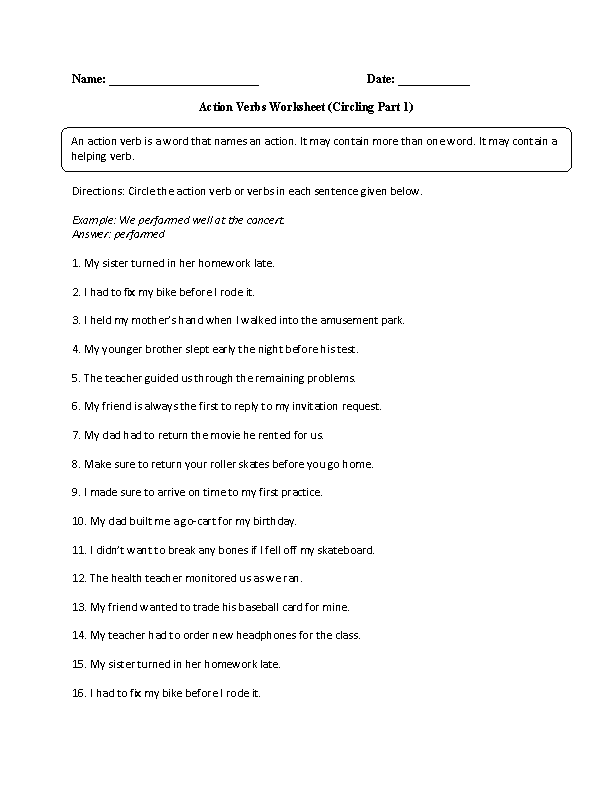 Verbs Worksheets | Action Verbs Worksheets