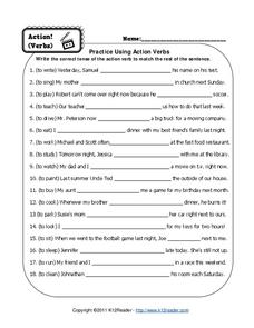 action verb worksheet 5th grade