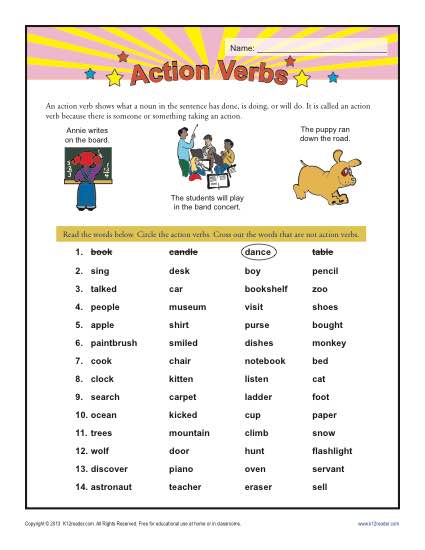 action verb worksheet 5th grade