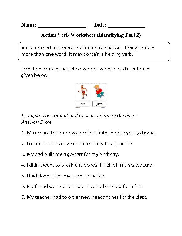 Action Verbs Worksheets | Identifying Action Verbs Worksheet Part 2