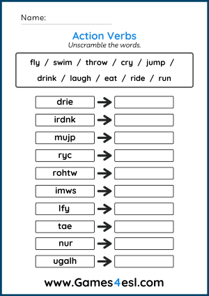 Free Action Verb Worksheets | Games4esl