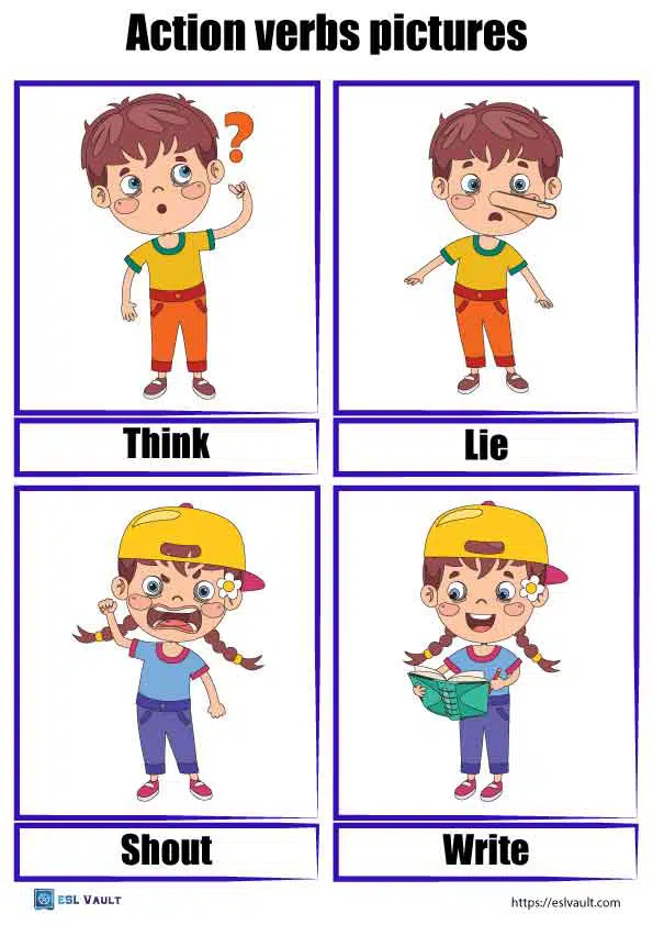 44 free printable action verbs pictures PDF cards - ESL Vault