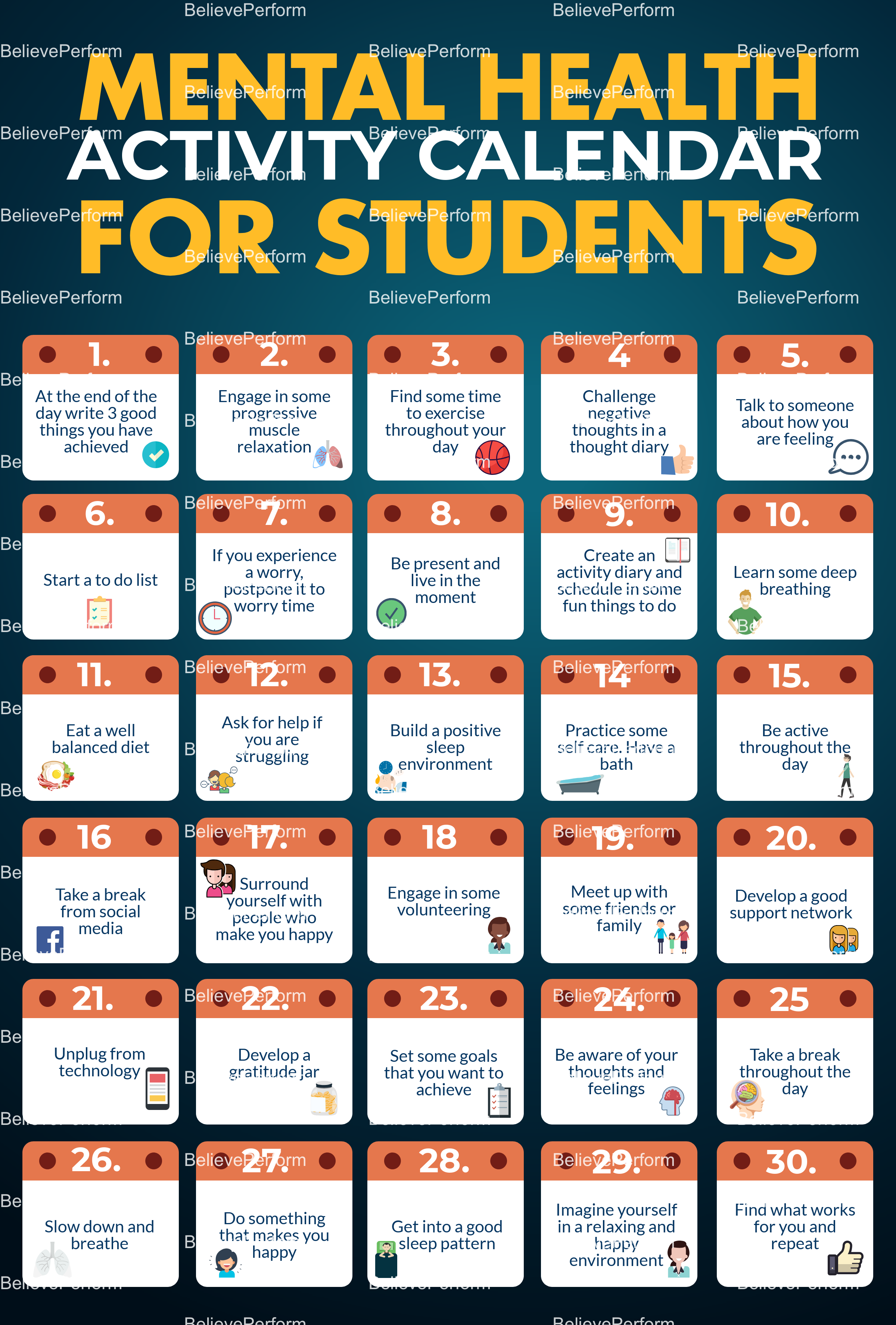 Mental health activity calendar for students - BelievePerform ...