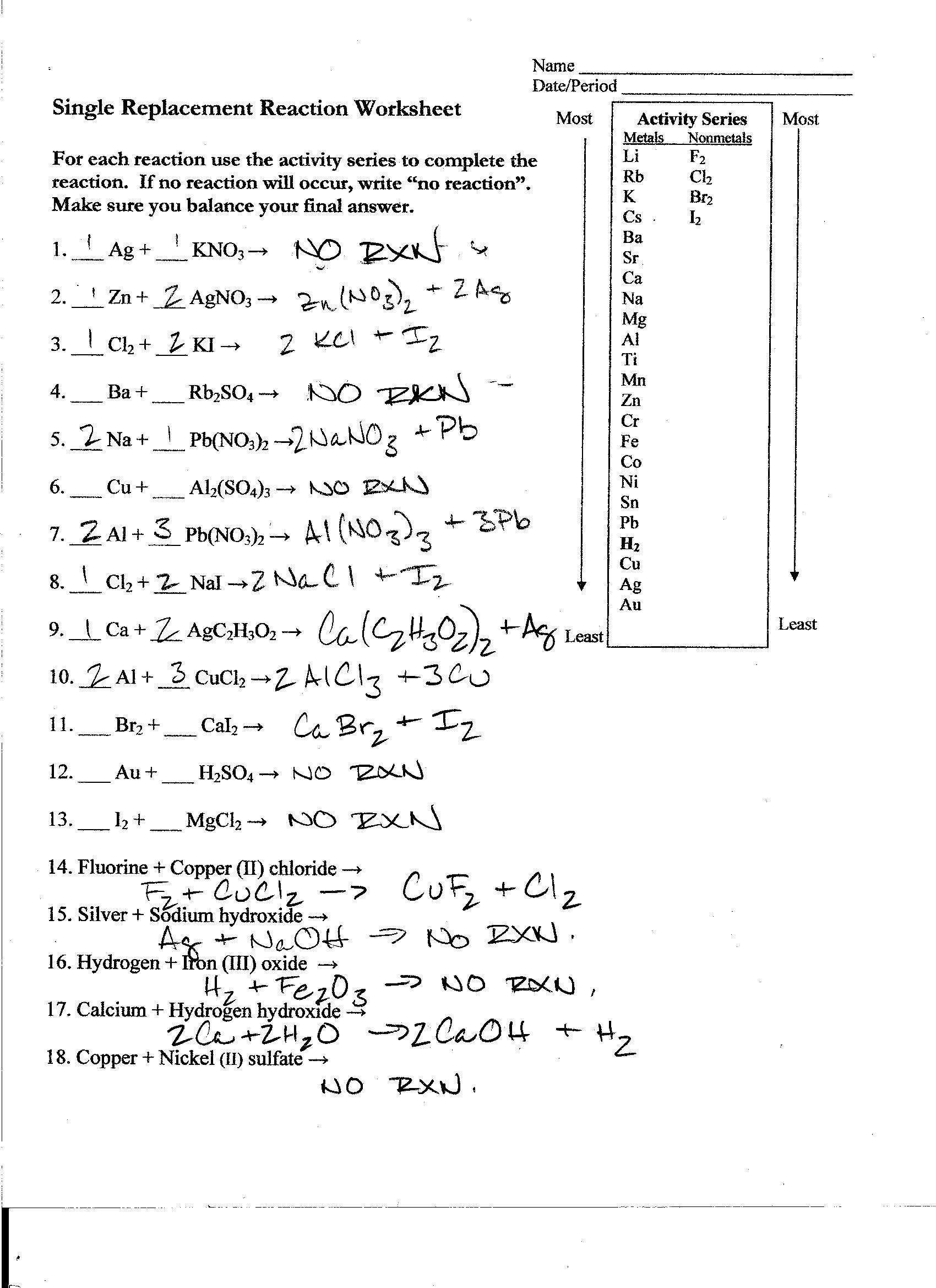 Single Replacement Reaction Worksheet Key PDF Chemical, 46 OFF