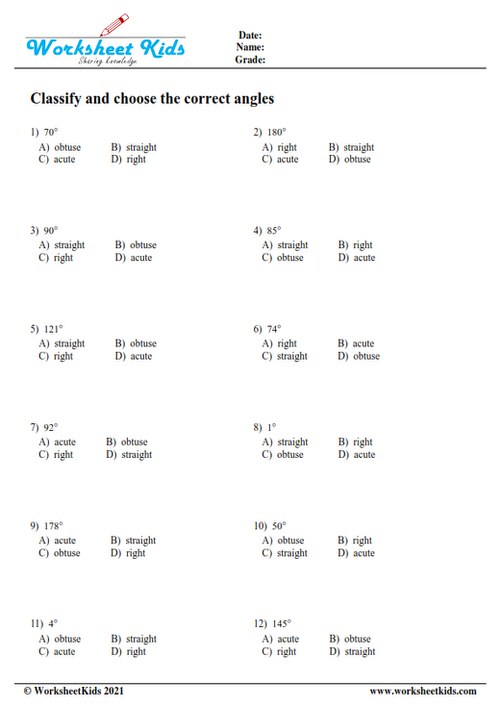 Classifying angles worksheets | Acute Obtuse Right and Straight angles