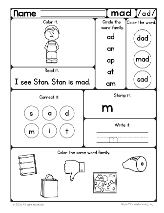 ad word family worksheet