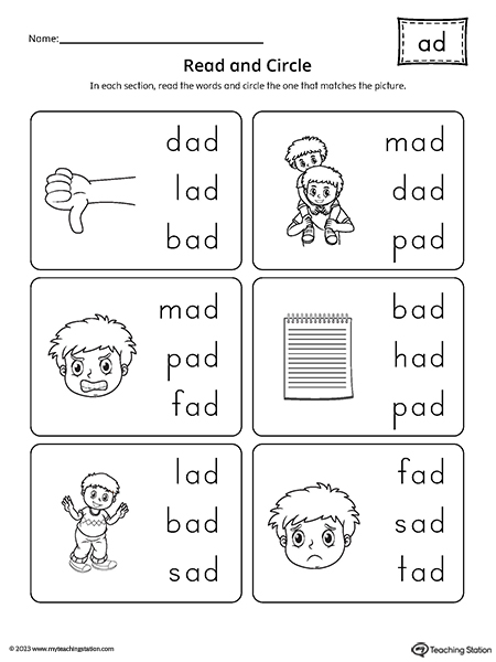 AD Word Family Match Picture to Words Worksheet ...