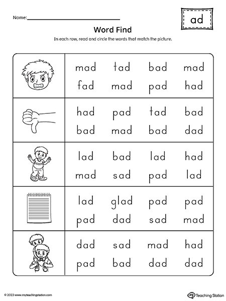 AD Word Family Word Find Worksheet | MyTeachingStation.com