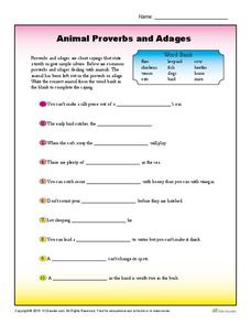 Animal Proverbs and Adages Worksheet for 4th - 5th Grade | Lesson ...