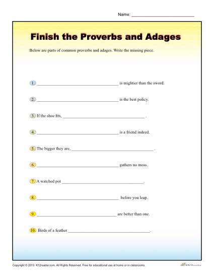 Finish the Proverbs and Adages Worksheet for 4th, 5th Grade