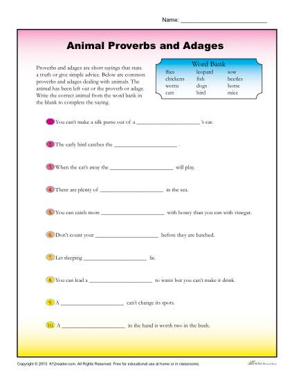 Animal Proverbs and Adages Worksheet for 4th and 5th Grade