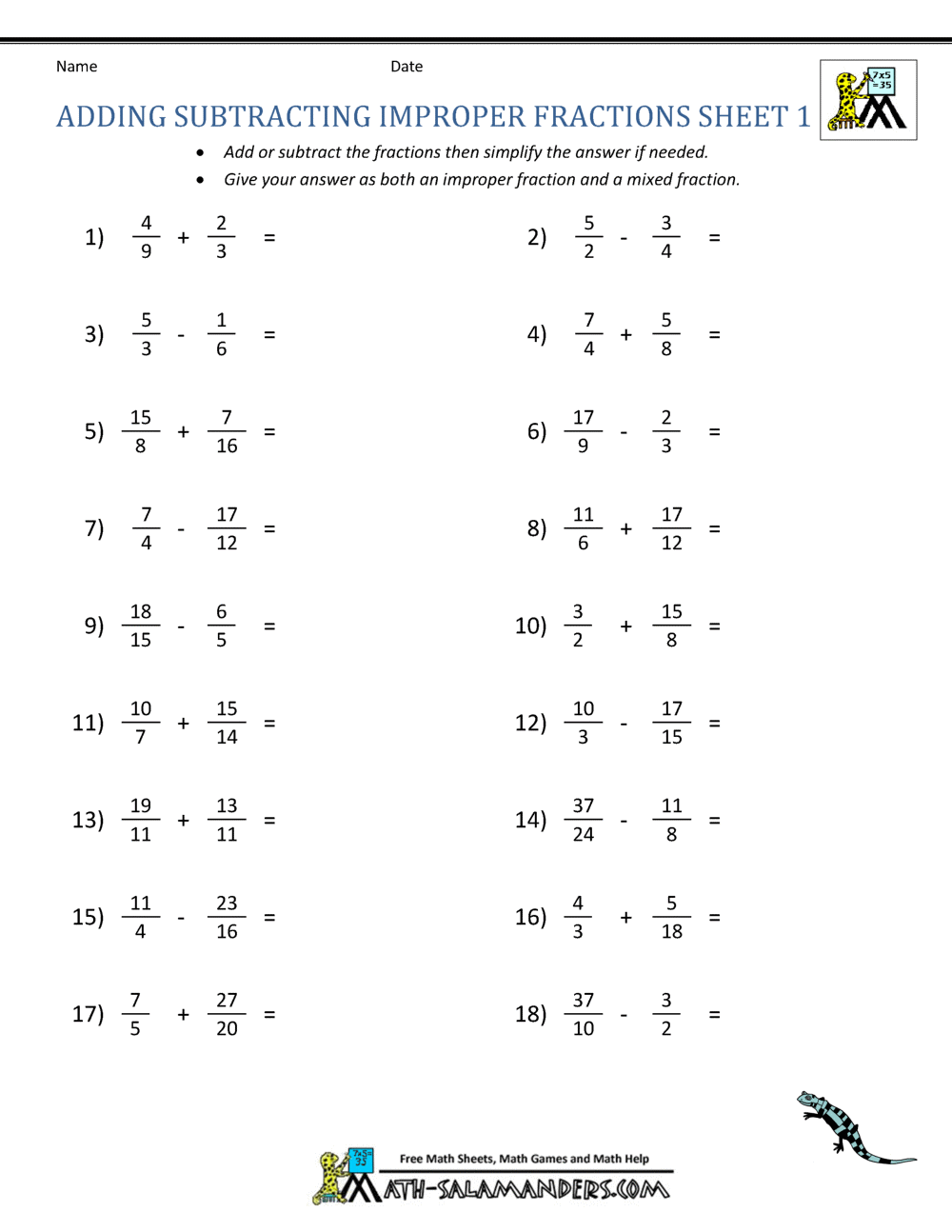 add and subtract fractions and mixed numbers worksheet