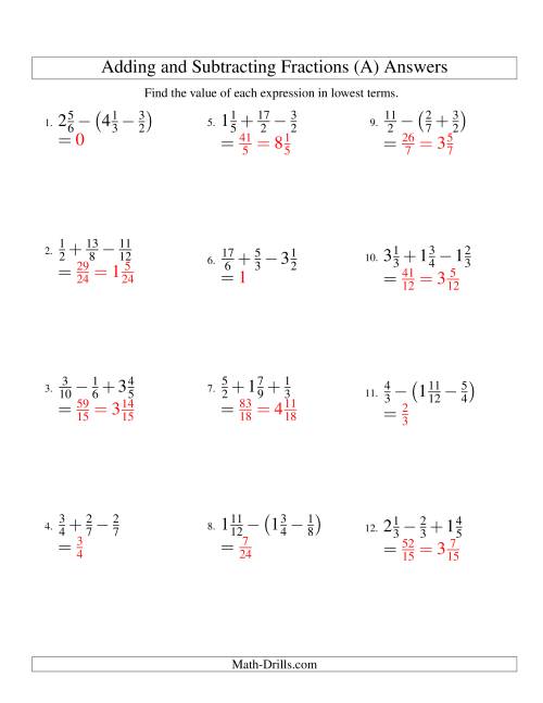 add and subtract fractions and mixed numbers worksheet