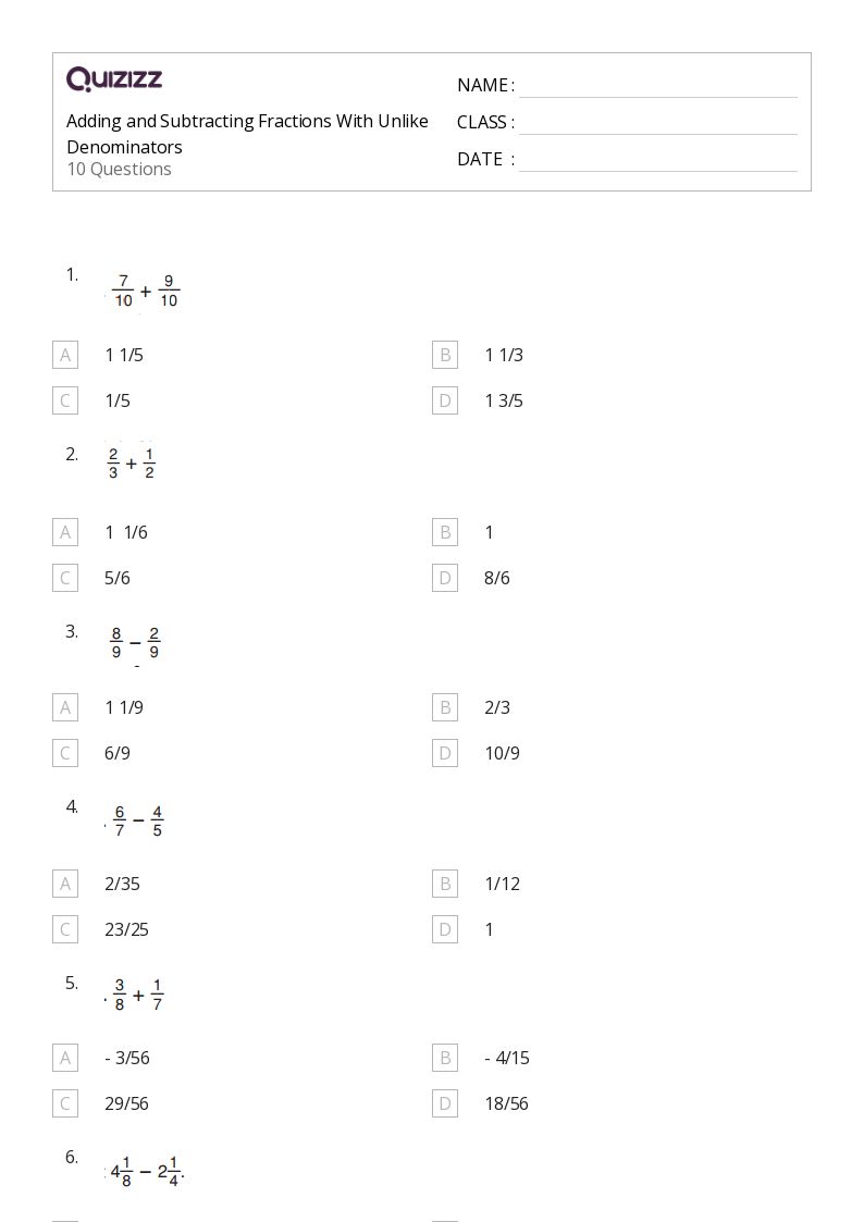 add and subtract fractions with unlike denominators worksheet