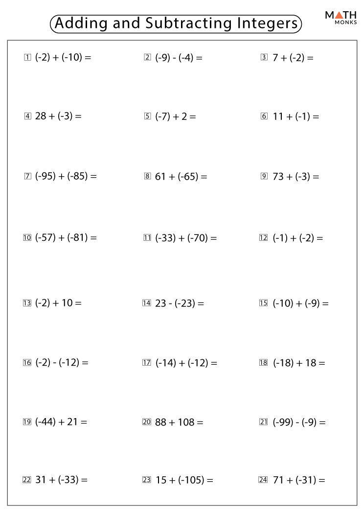 add and subtract integers worksheet pdf