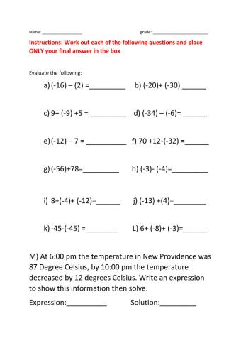 Adding and subtracting integers worksheet grade 9 worksheet | Live ...