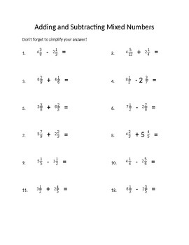 Adding and Subtracting Mixed Numbers Worksheet by Mrs R 4th worksheets library