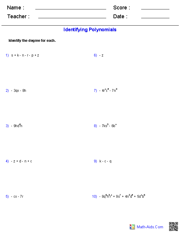 add and subtract polynomials worksheet