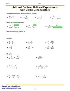 add and subtract rational expressions worksheet