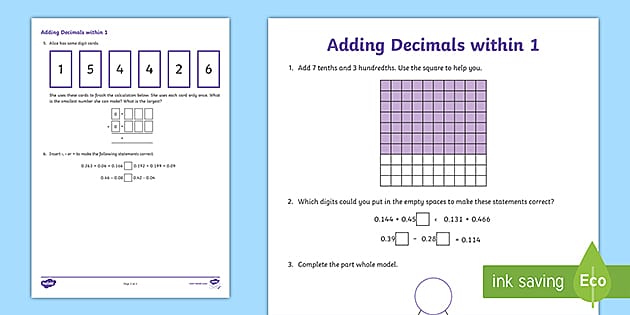 ? Adding Decimals within 1 Worksheet (teacher made)