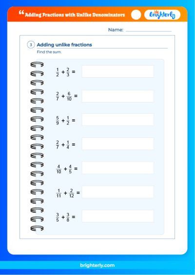 Adding Fractions with Unlike Denominators Worksheets [PDFs] Brighterly