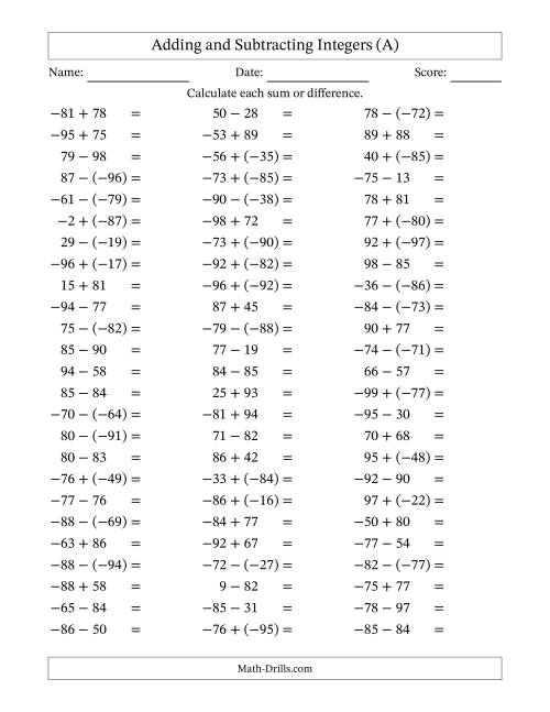 Adding and Subtracting Mixed Integers from -99 to 99 (75 Questions ...