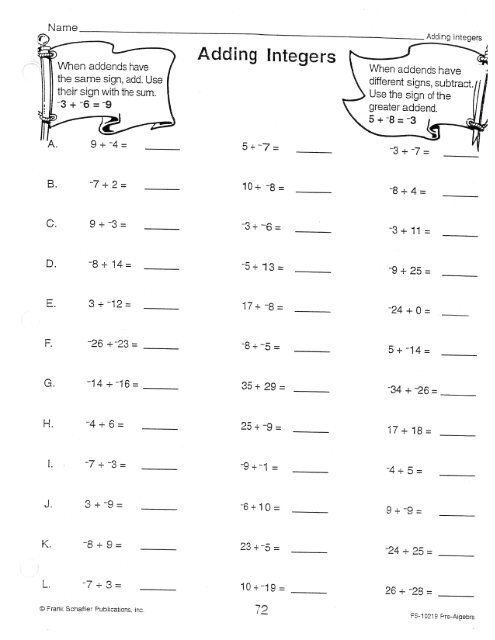 add integers worksheet