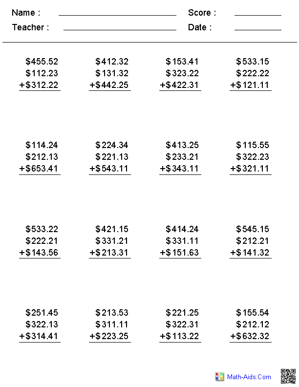 Addition Worksheets | Dynamically Created Addition Worksheets